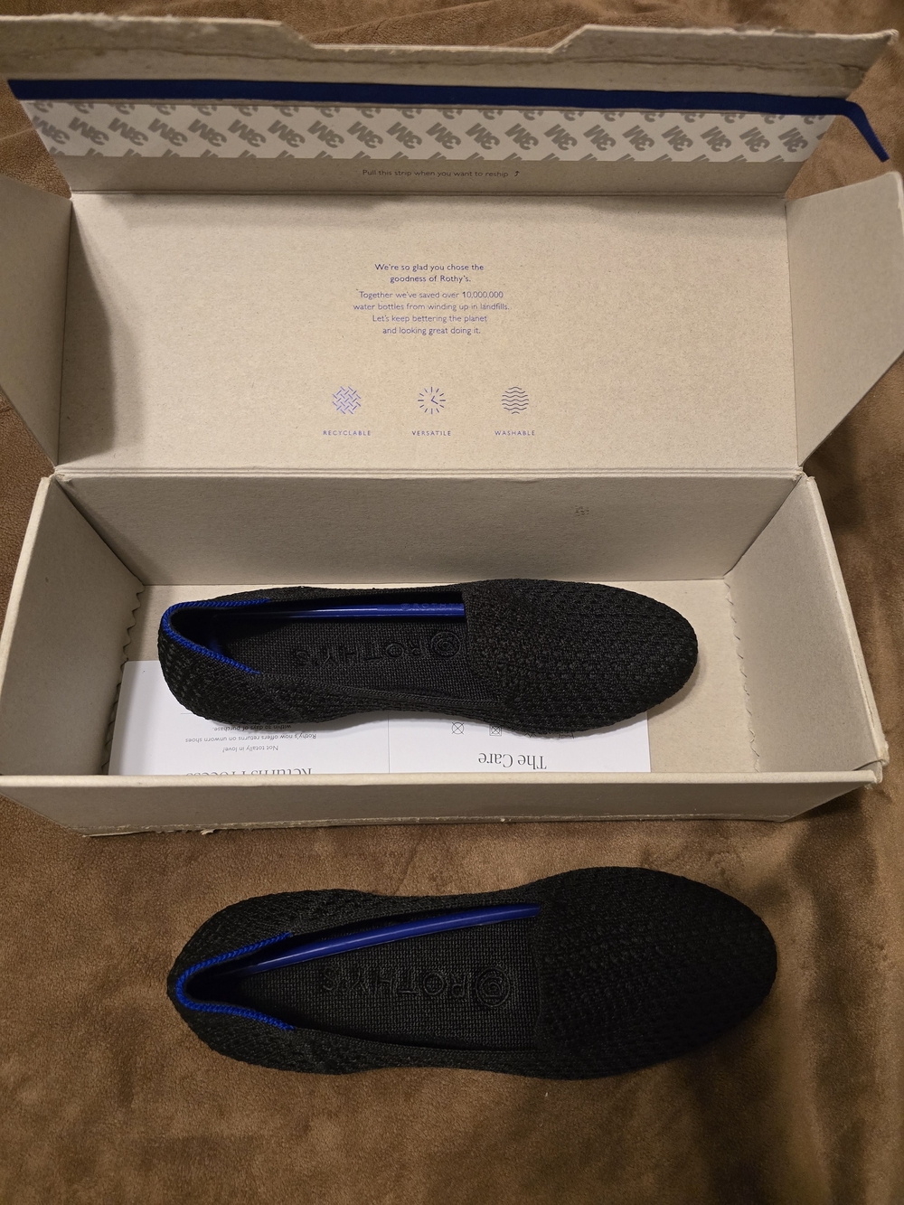 Rothy's Loafer Black Knit Flats with Blue Trim